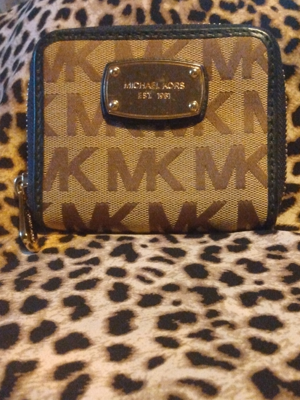 Michael Kors Brown and Dark Brown MK Logo Zip Coin Wallet